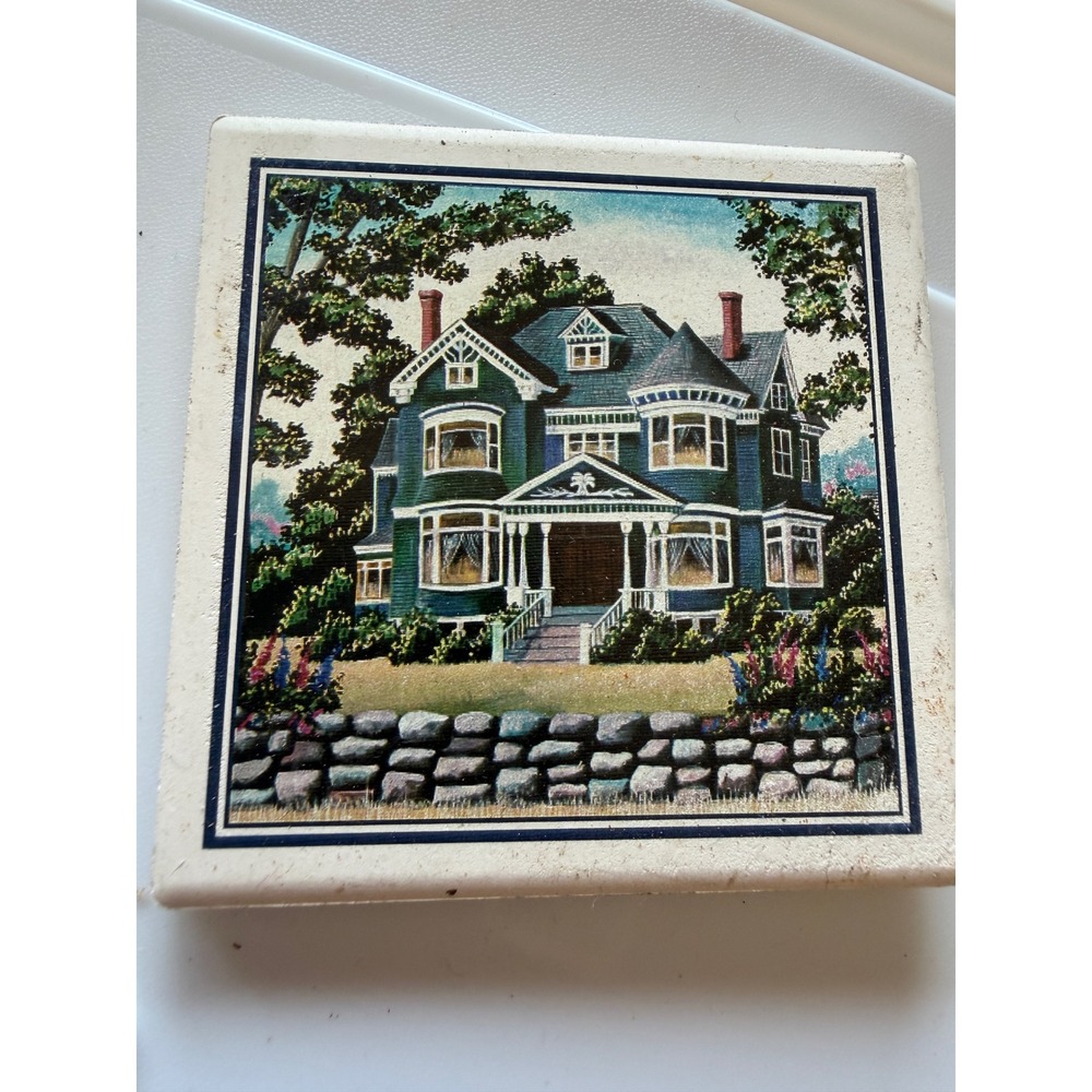 Vintage Victorian House Ceramic Tile Coaster Cork Back Teal Mansion Decor 4x4